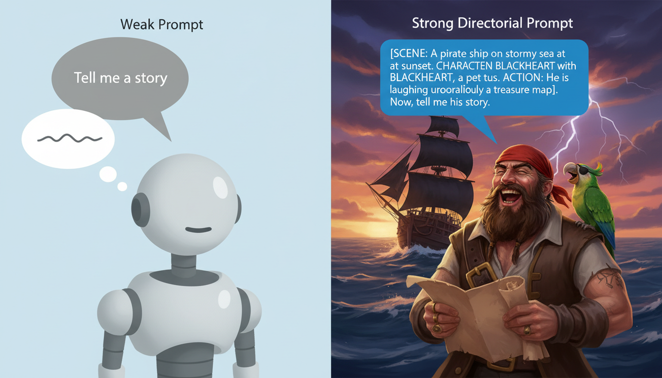 A side-by-side comparison of weak versus strong prompting techniques for directing virtual character chat platforms.