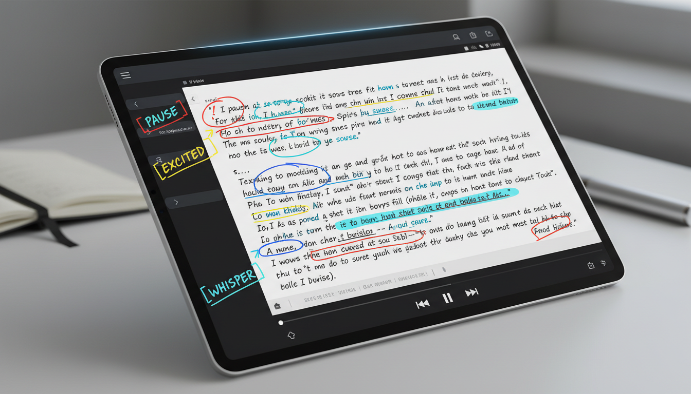 A digital video script with highlighted text and voiceover direction notes in the margins.