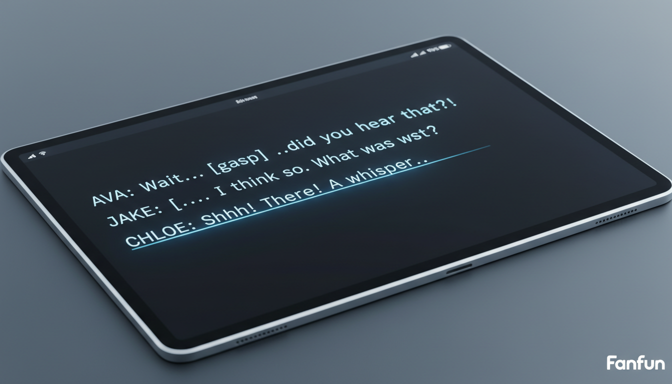 A digital screen displaying a formatted comic dub script with punctuation and pacing cues highlighted for an AI voice generator.