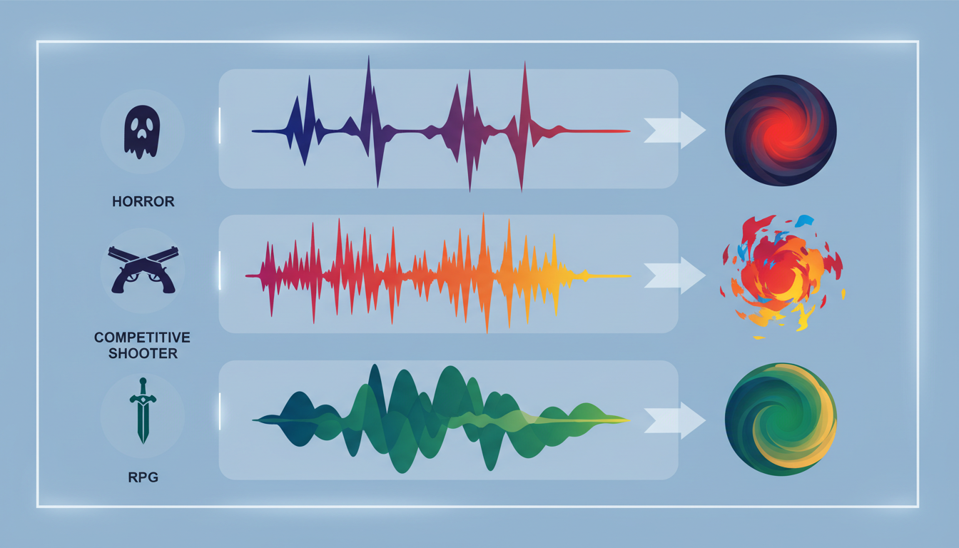 An infographic matrix mapping gaming genres to synthetic vocal styles and audio wave patterns.