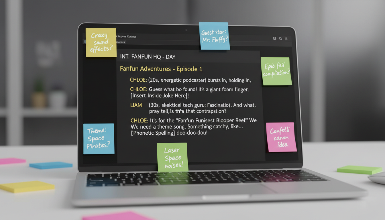 A laptop screen showing a script draft with creative placeholders and colorful digital notes.
