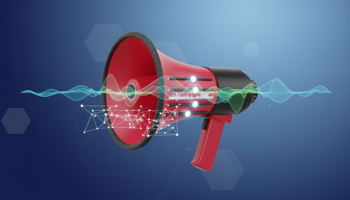 A director's megaphone combined with digital sliders and soundwaves, representing prompting control over AI chat.