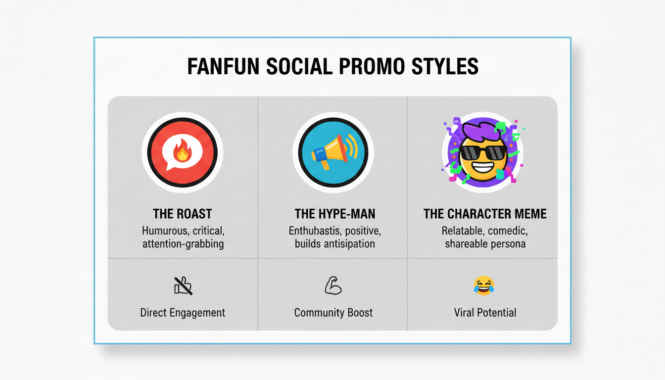 An infographic comparing three social media video promo formats: The Roast, The Hype-Man, and The Character Meme.