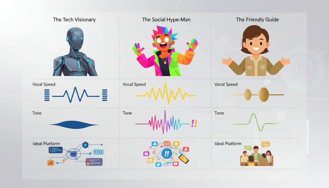 A visual matrix comparing three virtual brand spokesperson archetypes with their vocal and platform characteristics.
