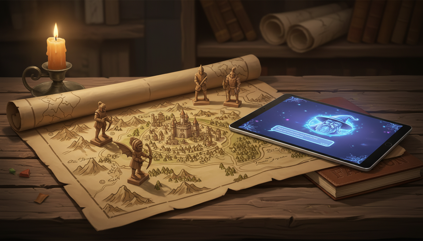 A fantasy war map with wooden miniatures next to a glowing tablet displaying an AI chat interface.