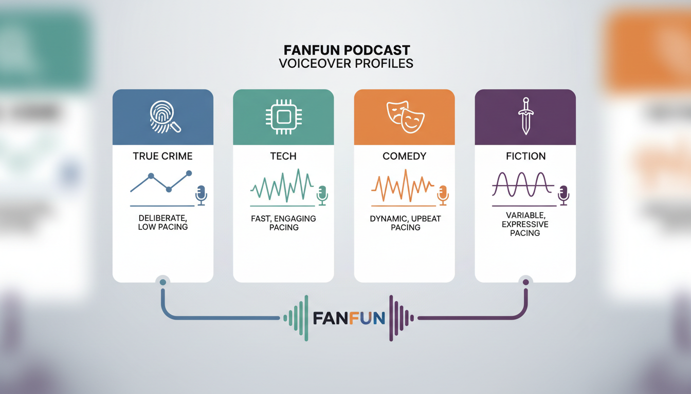 An infographic matching podcast genres to recommended voiceover archetypes and pacing styles.
