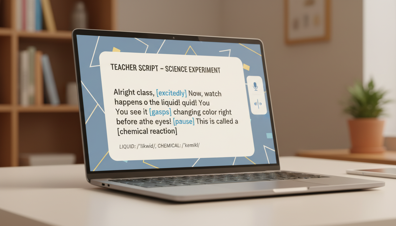 A laptop screen displaying a lesson script with phonetic spelling and emotional cues for an AI voice generator.