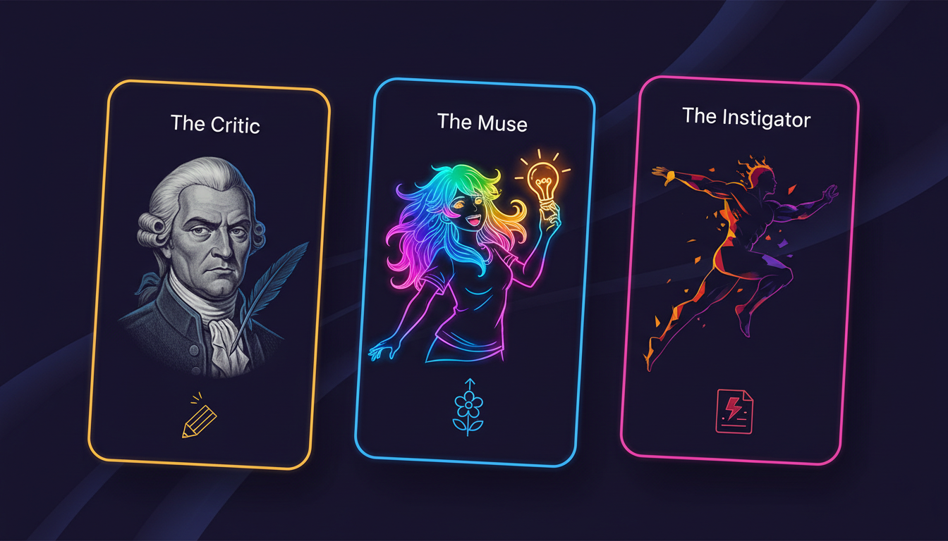 Three stylized digital cards representing different AI character archetypes for creative writing: The Critic, The Muse, and The Instigator.