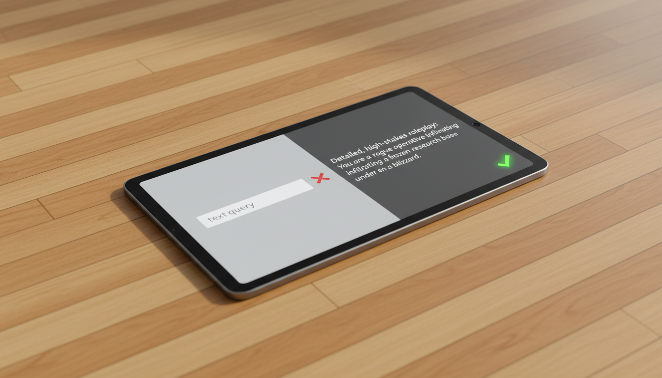A tablet on a gym floor showing a side-by-side comparison of a weak sports chat query versus a strong, high-stakes roleplay prompt.