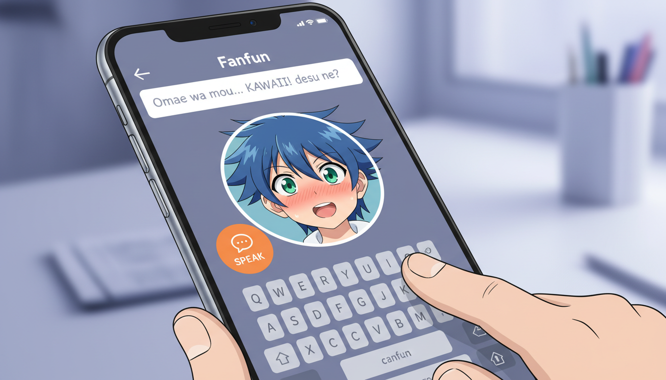 Close-up of a smartphone screen showing the Fanfun interface where a user is writing a personalized script for an AI character.