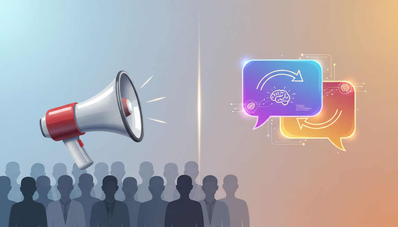 Infographic comparing one-way broadcast media with two-way interactive AI companion communication loops.