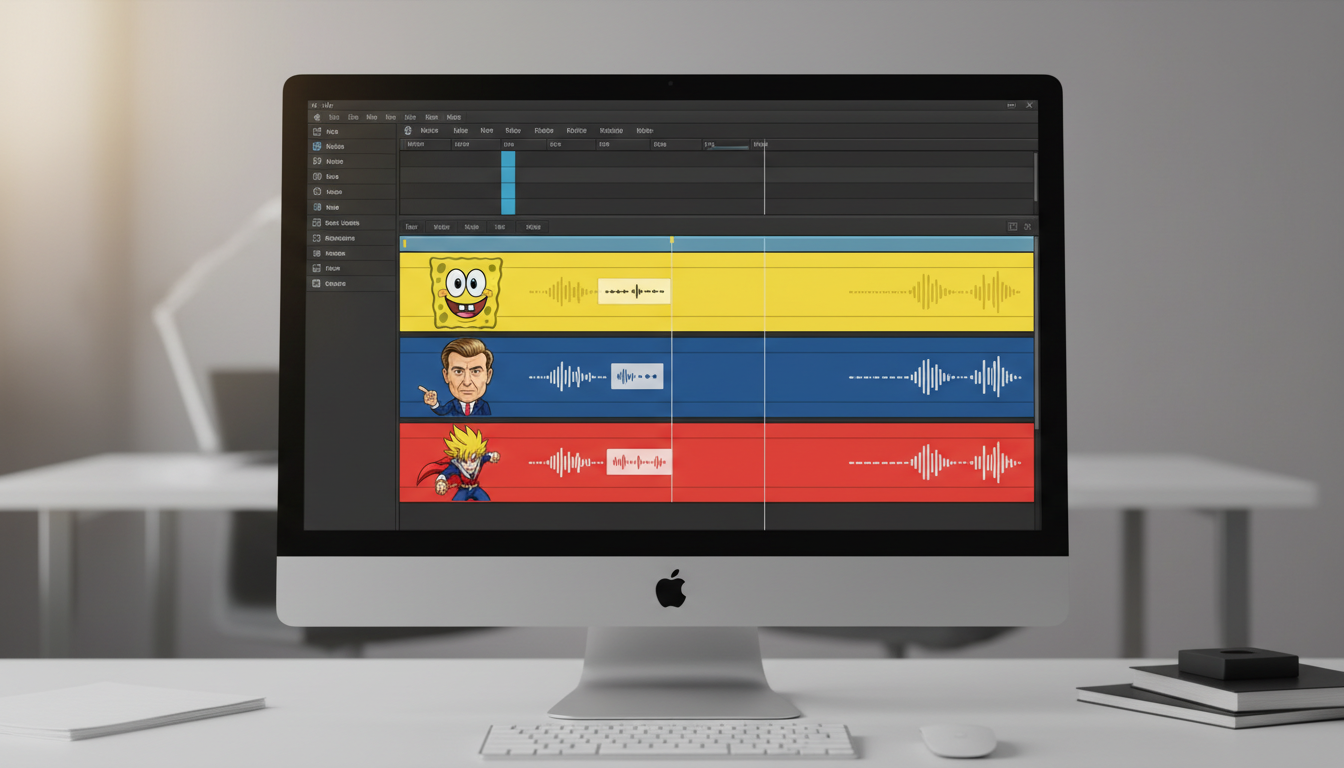 A digital video editing timeline showing layered audio tracks labeled with different character icons for multi-character text-to-speech storytelling.