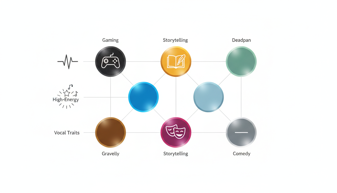 An infographic matrix mapping TikTok content niches to optimal character voice styles.