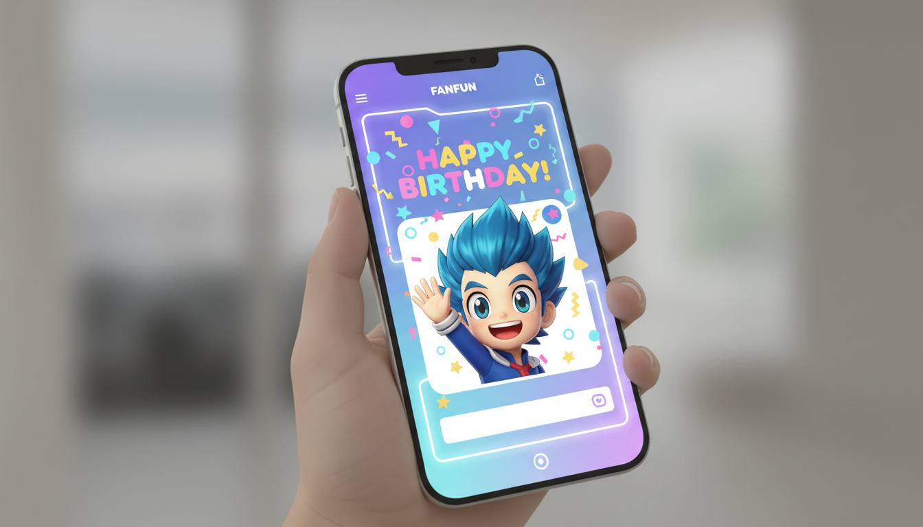A smartphone showing an interactive AI chat interface with a virtual character delivering a personalized birthday message.