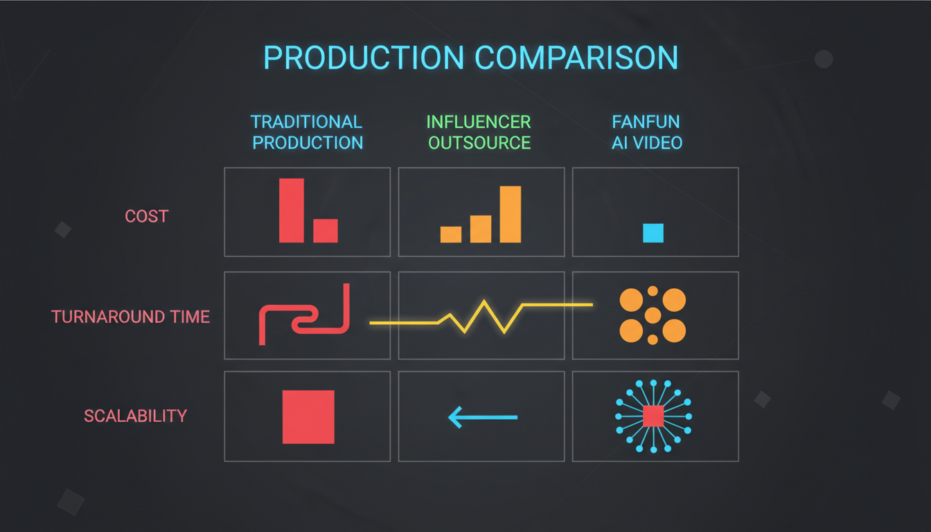 A comparison table comparing traditional video production, influencer platforms, and Fanfun AI video on cost, speed, and customization.