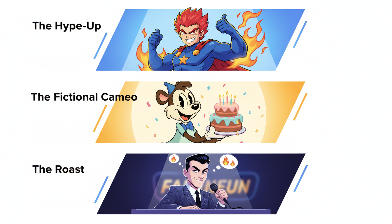 An illustrative guide showing three creative formats for virtual video gifts: a hype-up, a fictional cameo, and a good-natured roast.