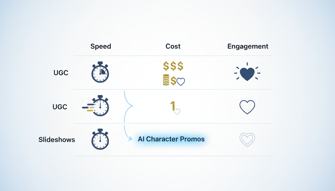 Comparison matrix evaluating different low-budget video ad formats based on cost, speed, and engagement.