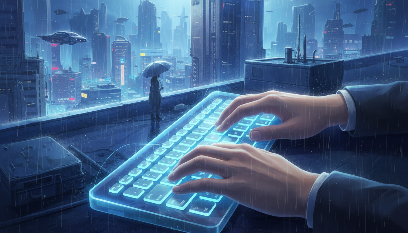 A stylized illustration showing a user typing a scene setup, with a dramatic anime city skyline overlay representing the virtual chat environment.