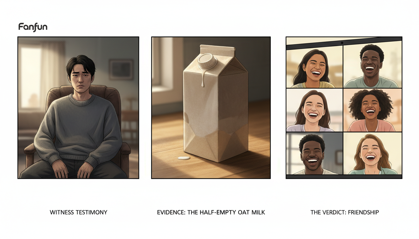 A three-panel storyboard illustrating a funny mockumentary-style birthday video concept with dramatic interviews and mundane evidence.