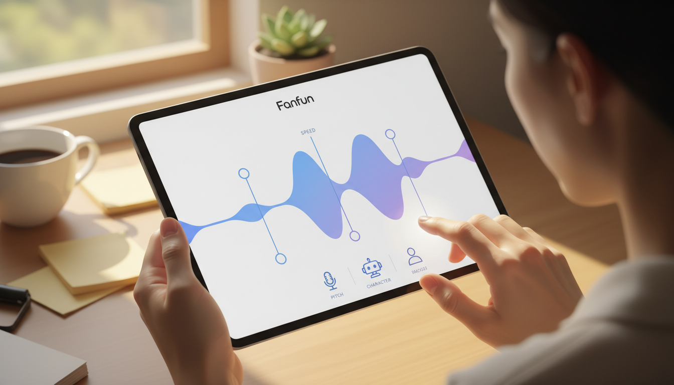 A content creator editing an AI character voice script on the Fanfun platform interface.