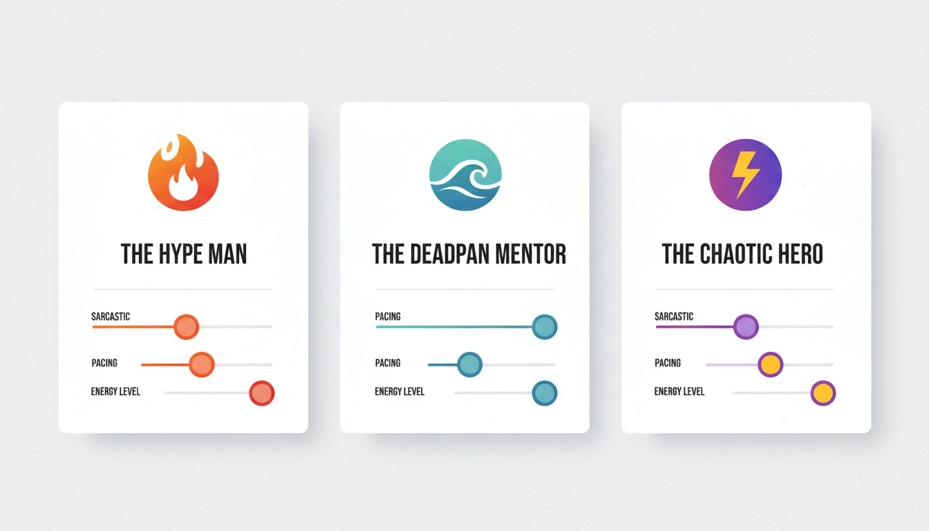 An infographic comparing different AI character archetypes and their vocal delivery settings.