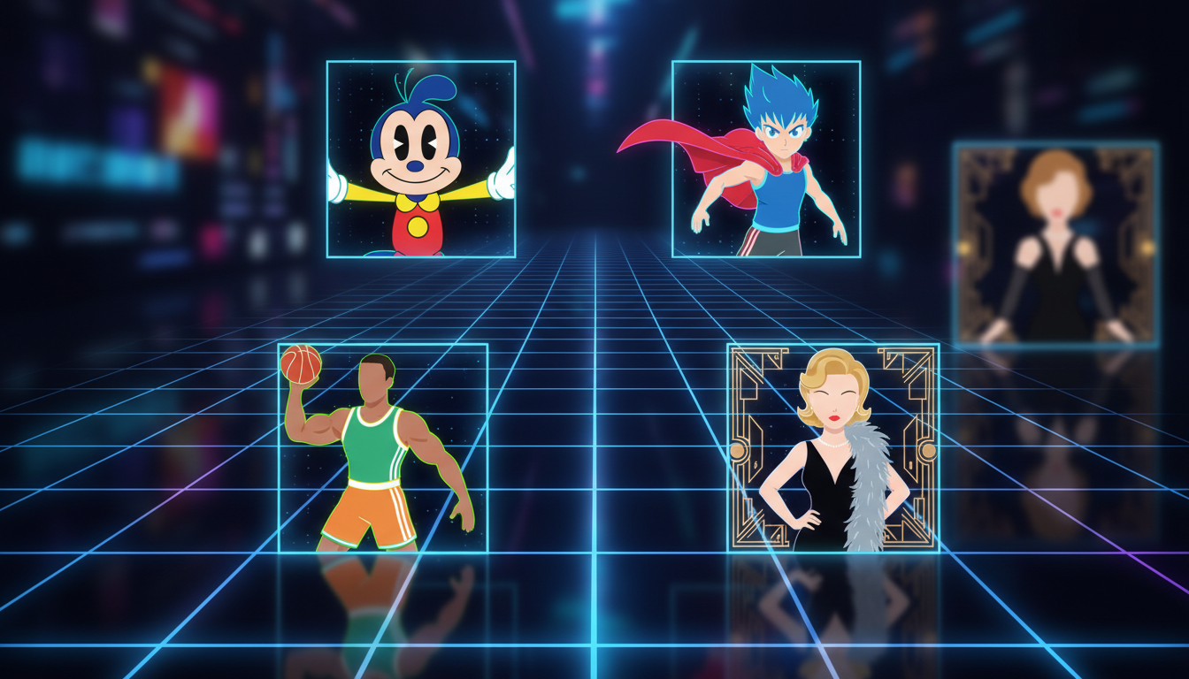 A colorful digital grid showing stylized avatars of cartoon, anime, sports, and movie characters.