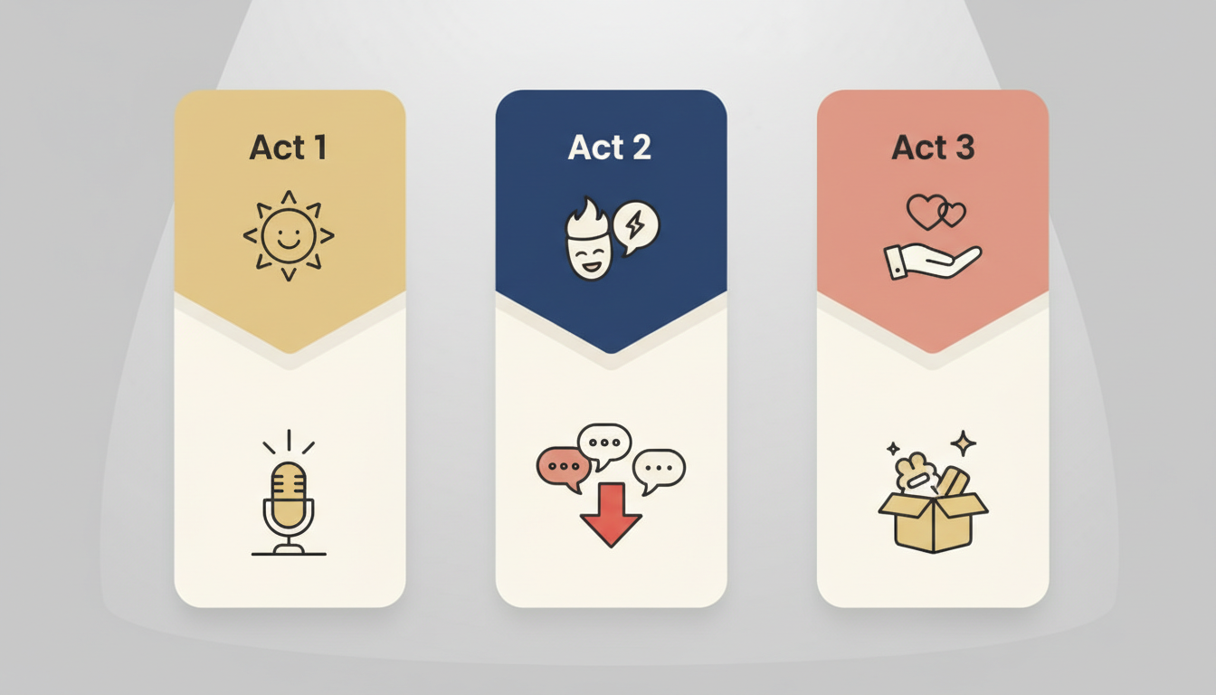 Infographic showing the three-act structure of a successful video roast script.