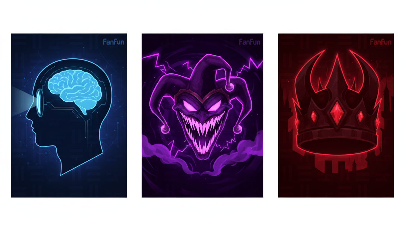 Visual representation of three villain archetypes: the cold intellectual, the unhinged agent of chaos, and the boastful overlord.