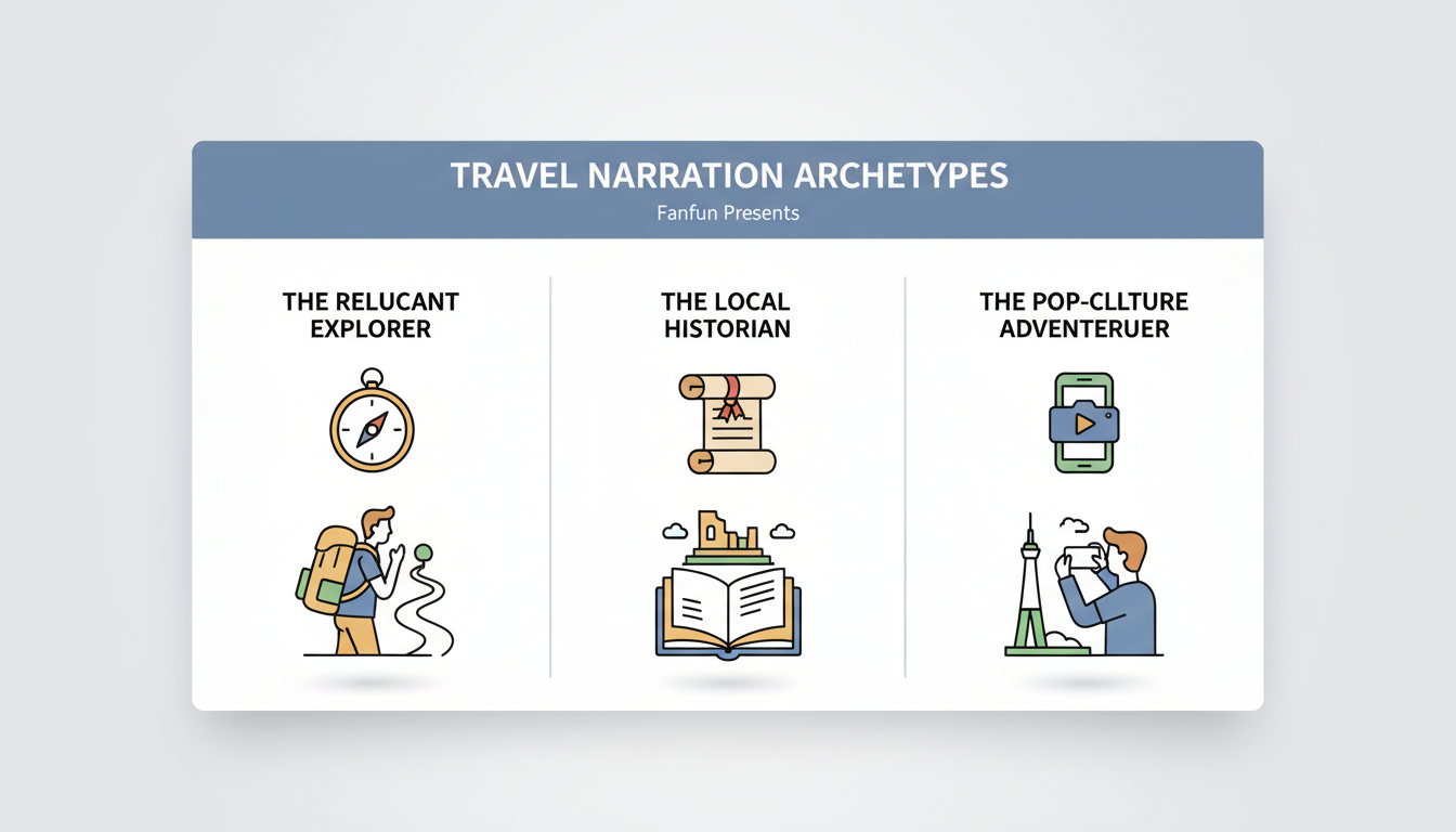 An infographic table comparing three travel video narration archetypes: Reluctant Explorer, Local Historian, and Pop-Culture Adventurer.