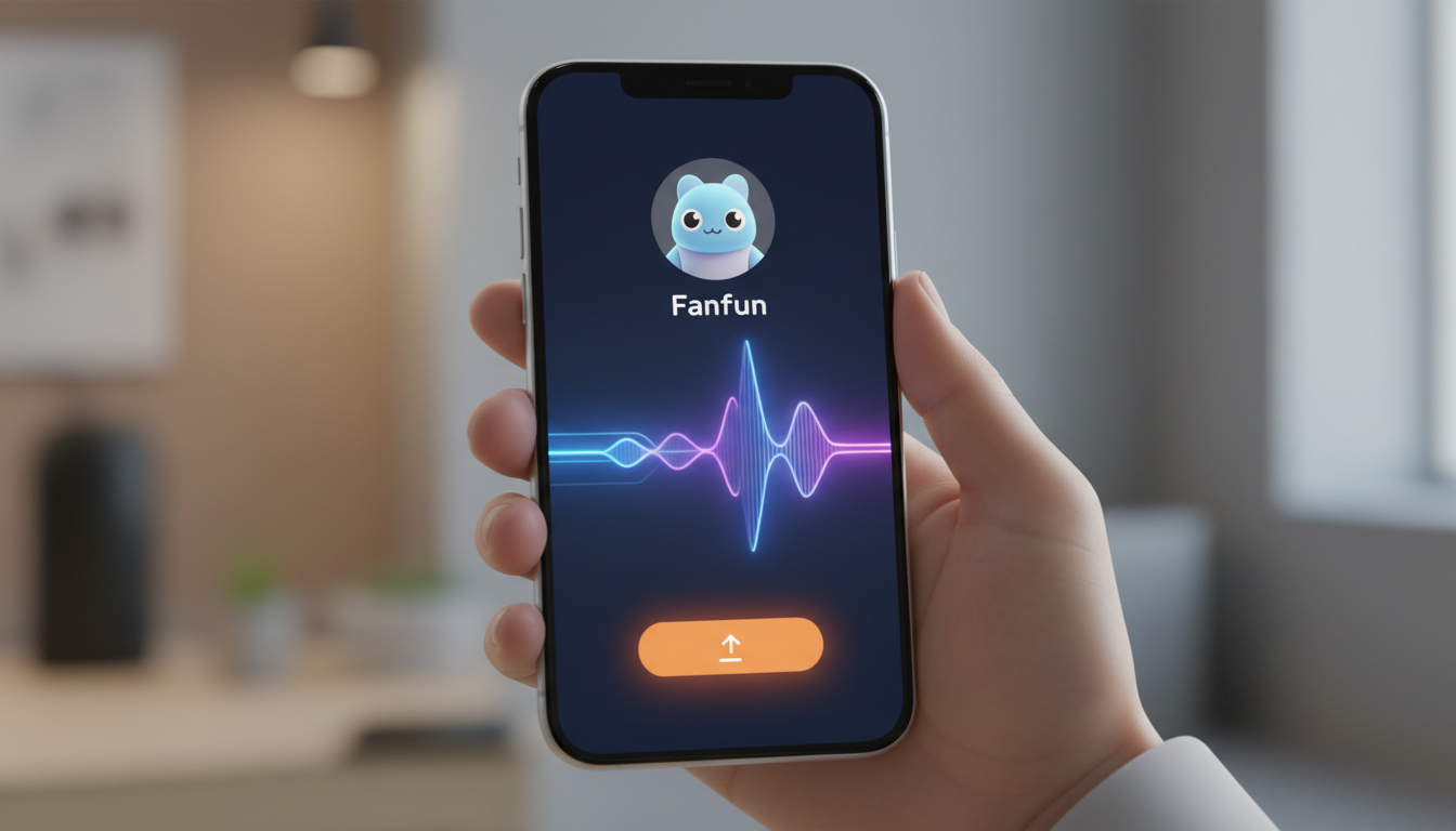 A smartphone displaying the Fanfun app interface generating a custom character voiceover with a visual audio waveform.