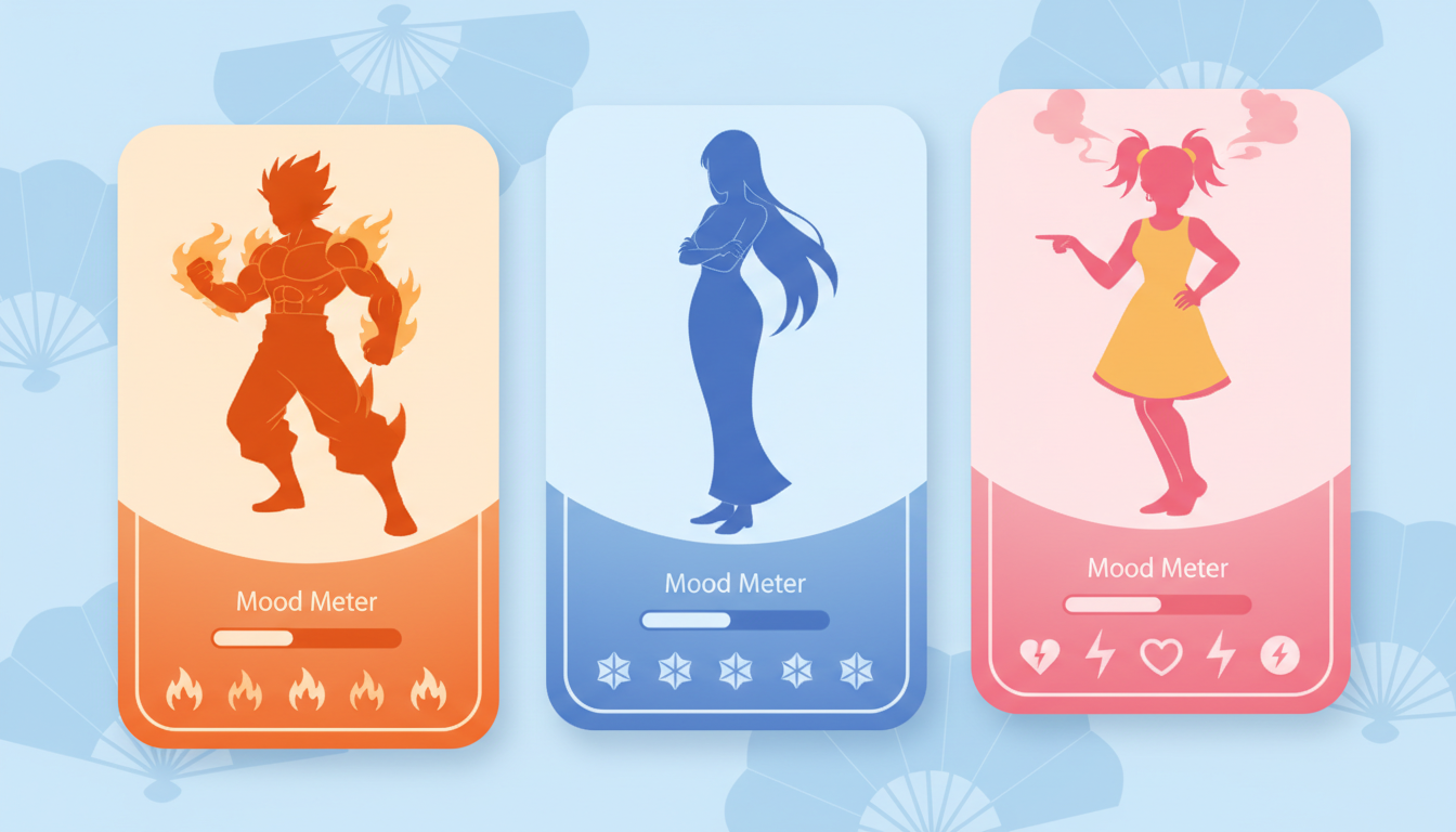 An infographic-style illustration showcasing different anime character archetypes with colorful mood meters and dialogue bubbles.