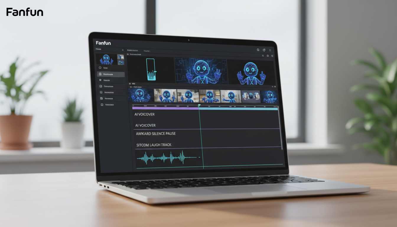 A digital video editing timeline showing audio and video tracks layered with comedic sound effects for an AI roast.
