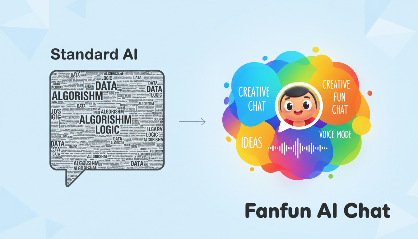 A visual comparison matrix showing the difference between a dry, encyclopedic AI chat response and an engaging, character-driven Fanfun dialogue screen.