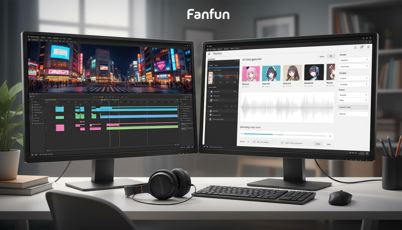 A video editing workspace showing a travel video timeline on one screen and the Fanfun AI voice generation interface on the other.