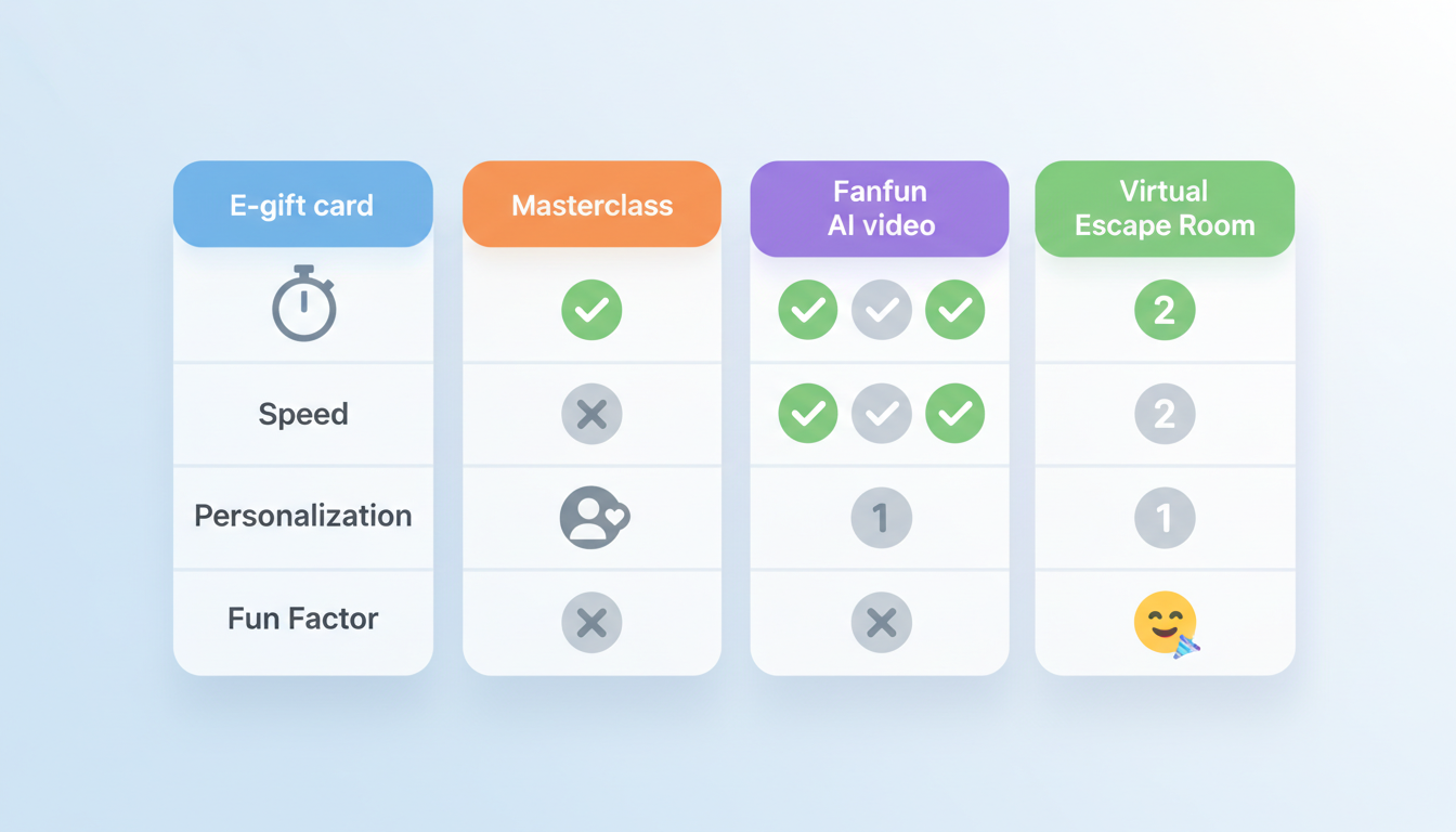 A visual comparison chart rating different virtual gifts on cost, personalization, and delivery speed.