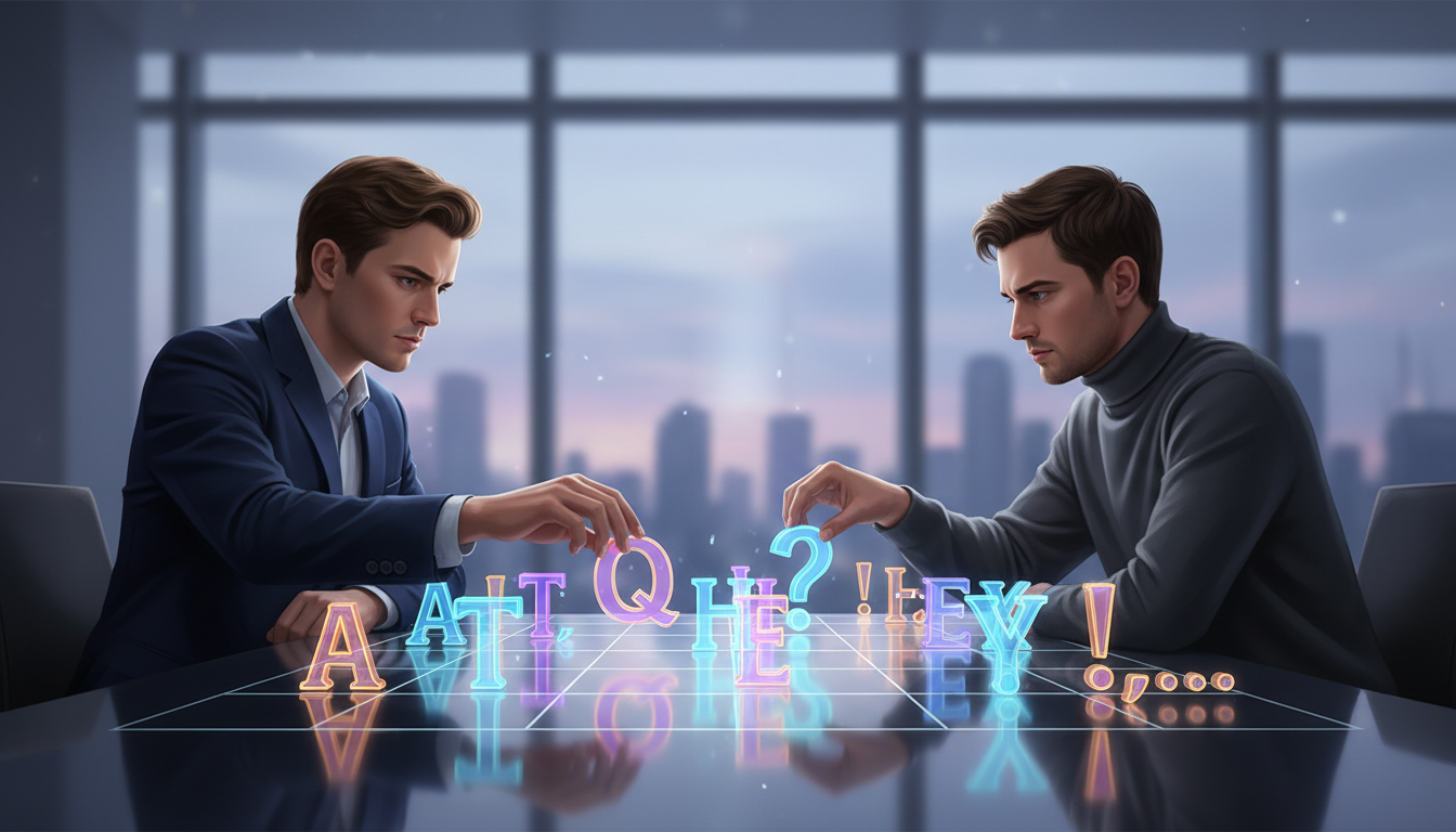 A conceptual illustration of two figures playing chess with glowing letters, representing a strategic dialogue exchange.
