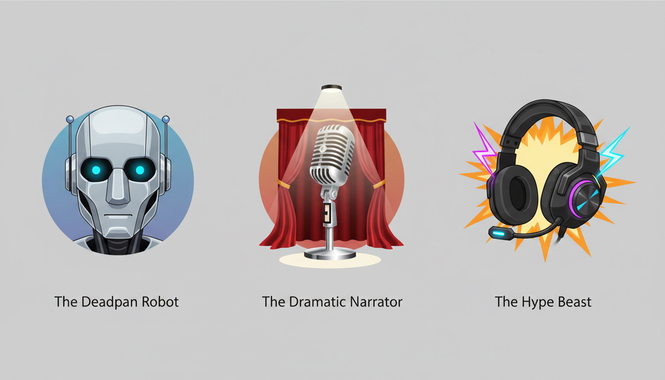 Infographic showing three AI voice archetypes for comedy: deadpan assistant, dramatic narrator, and high-energy gamer.