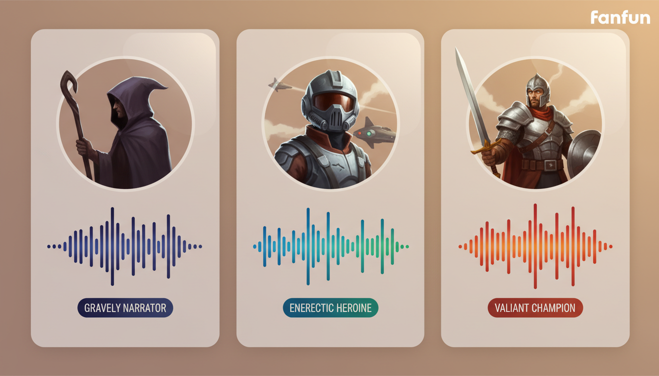A visual casting board showing character archetypes paired with distinct audio wave patterns and vocal style tags.