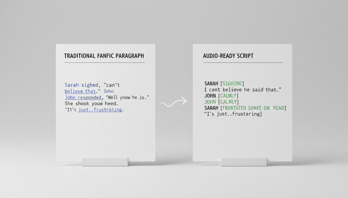 A comparison chart showing a written fan fiction paragraph side-by-side with an audio-first script layout.