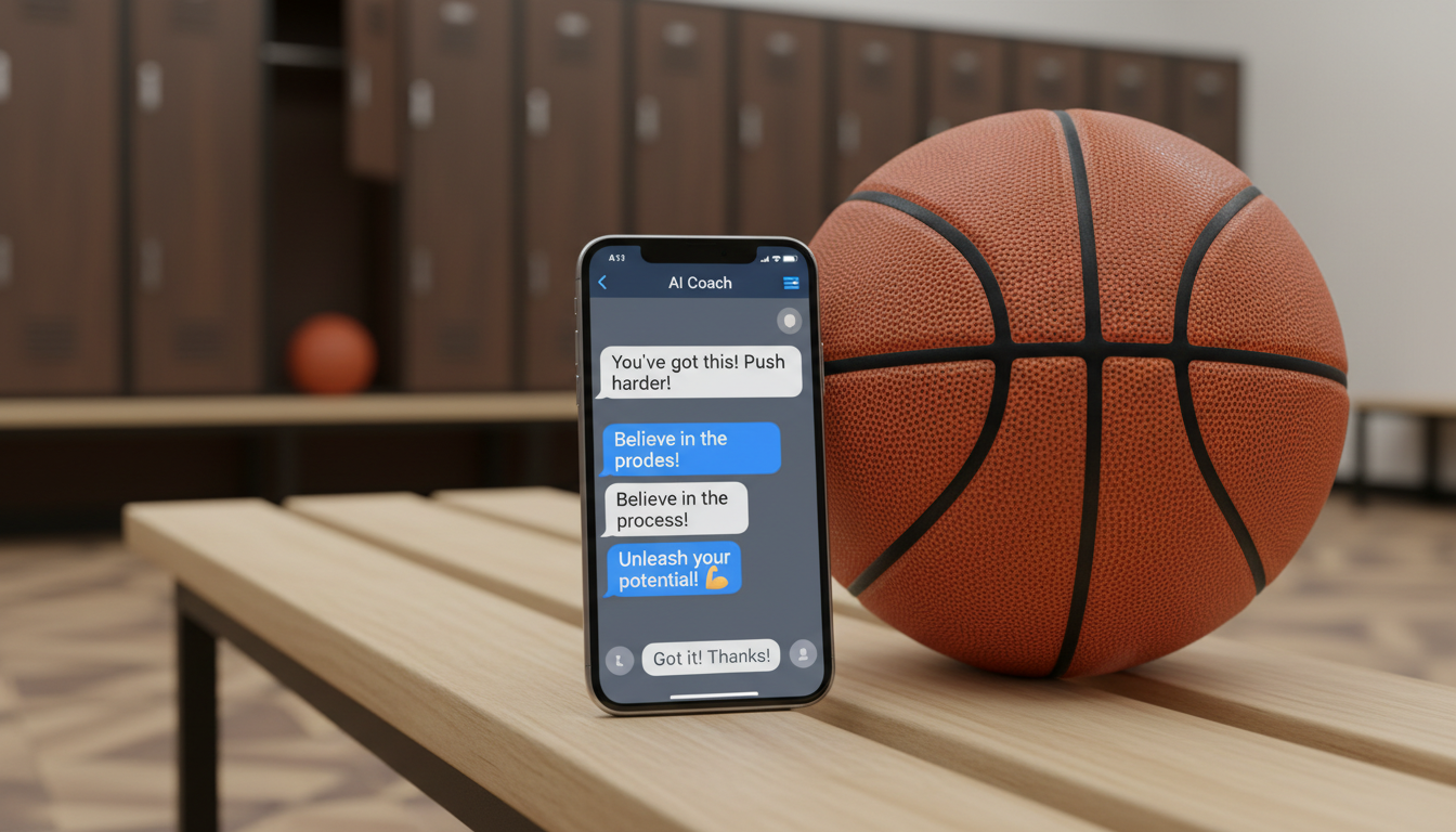 A smartphone on a locker room bench displaying an interactive chat with an AI sports legend.