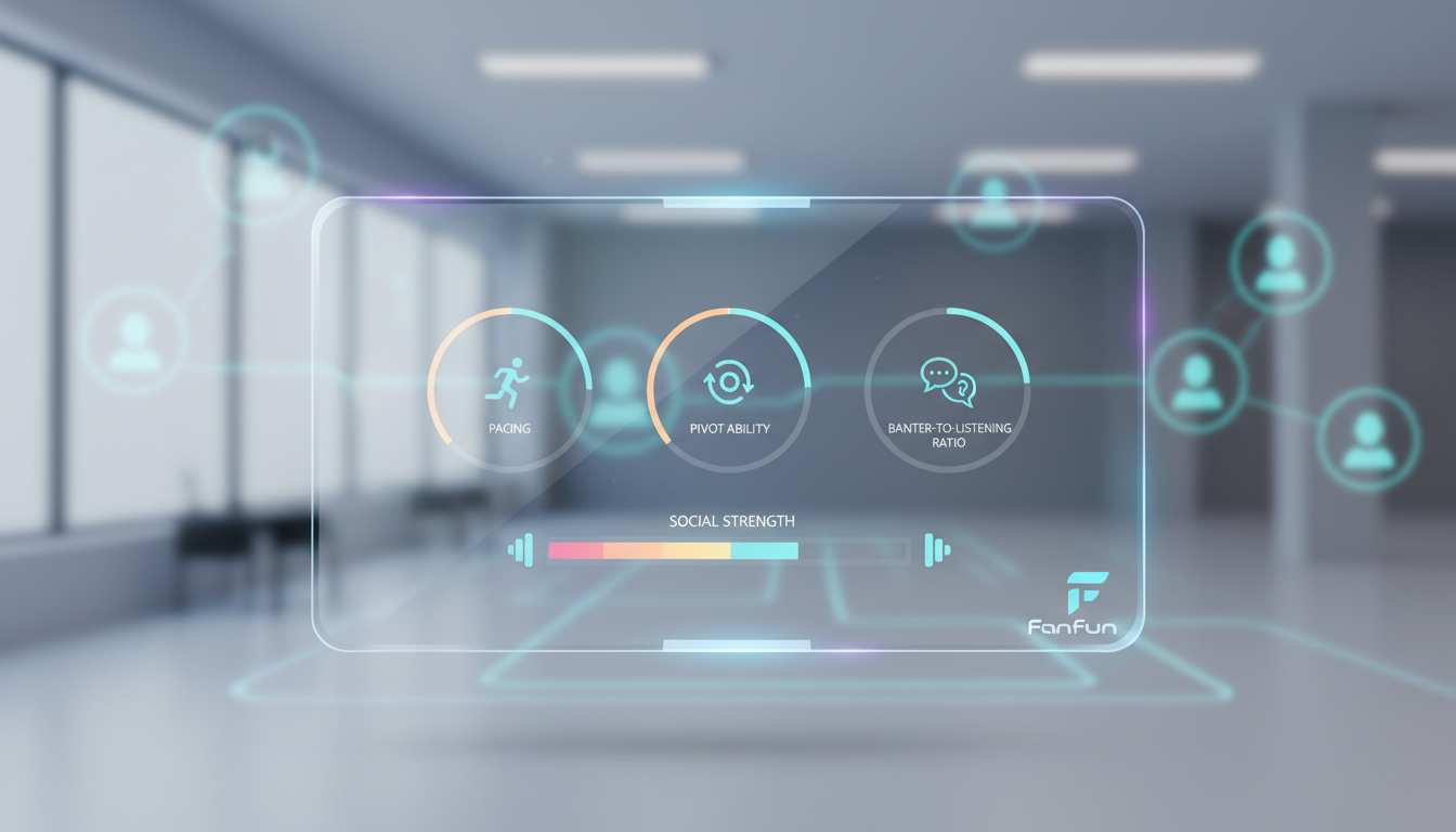 A minimalist dashboard illustration showing conversational agility metrics like pacing, adaptability, and banter ratio styled like a fitness tracker.