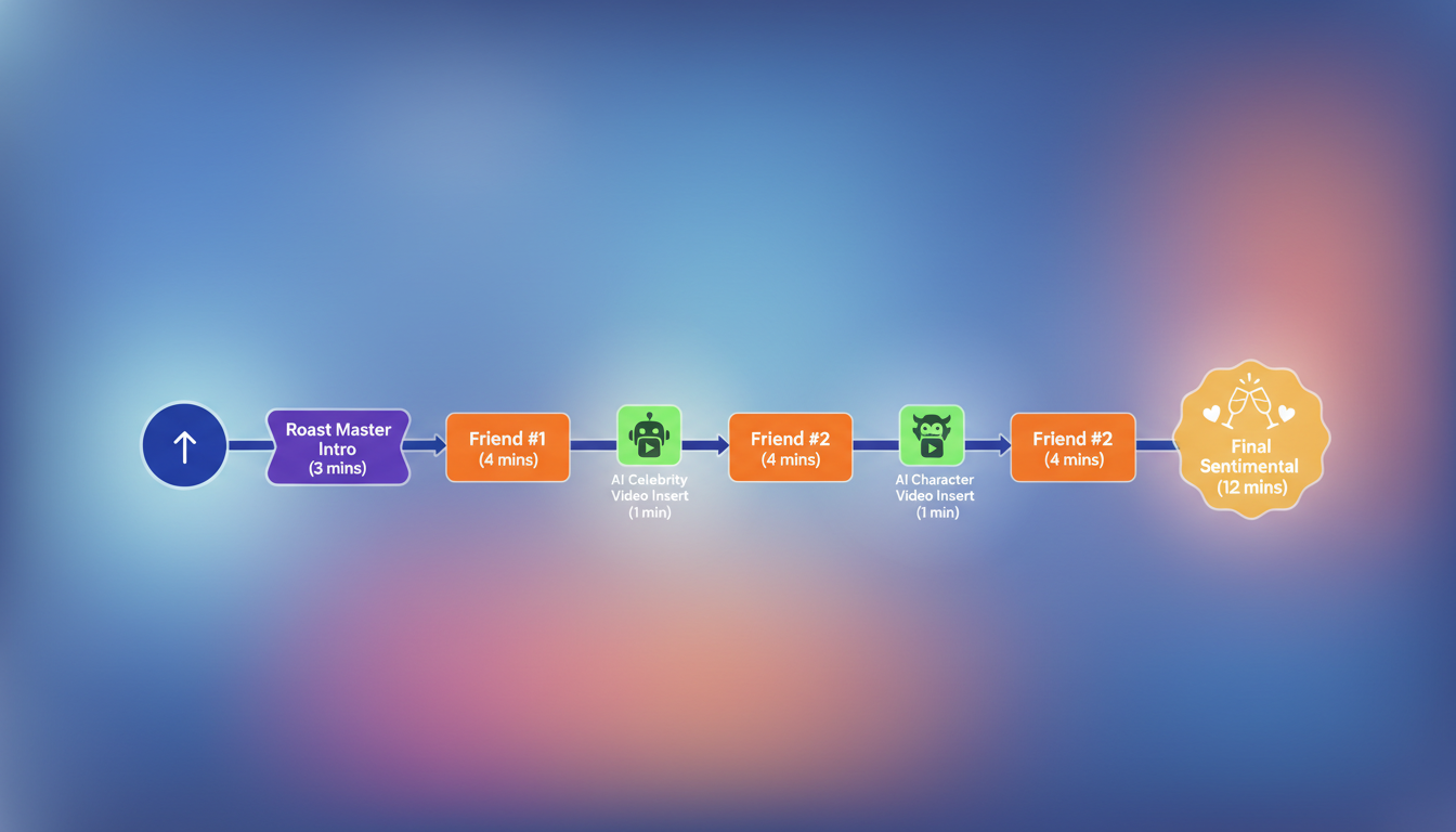 An infographic diagram outlining the ideal 30-minute run-of-show for a virtual roast, alternating between real friends and short AI celebrity video inserts.