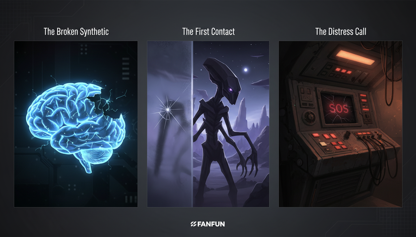 A conceptual illustration representing three distinct sci-fi roleplay scenarios: a damaged synthetic mind, an alien first contact, and a deep-space distress call.