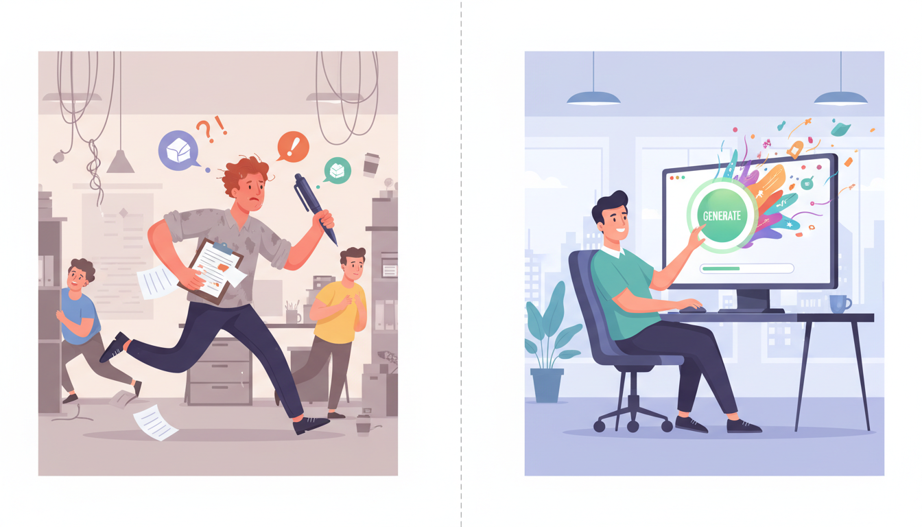 An infographic comparing the slow, manual process of collecting coworker videos with the instant, stress-free generation of AI celebrity videos.