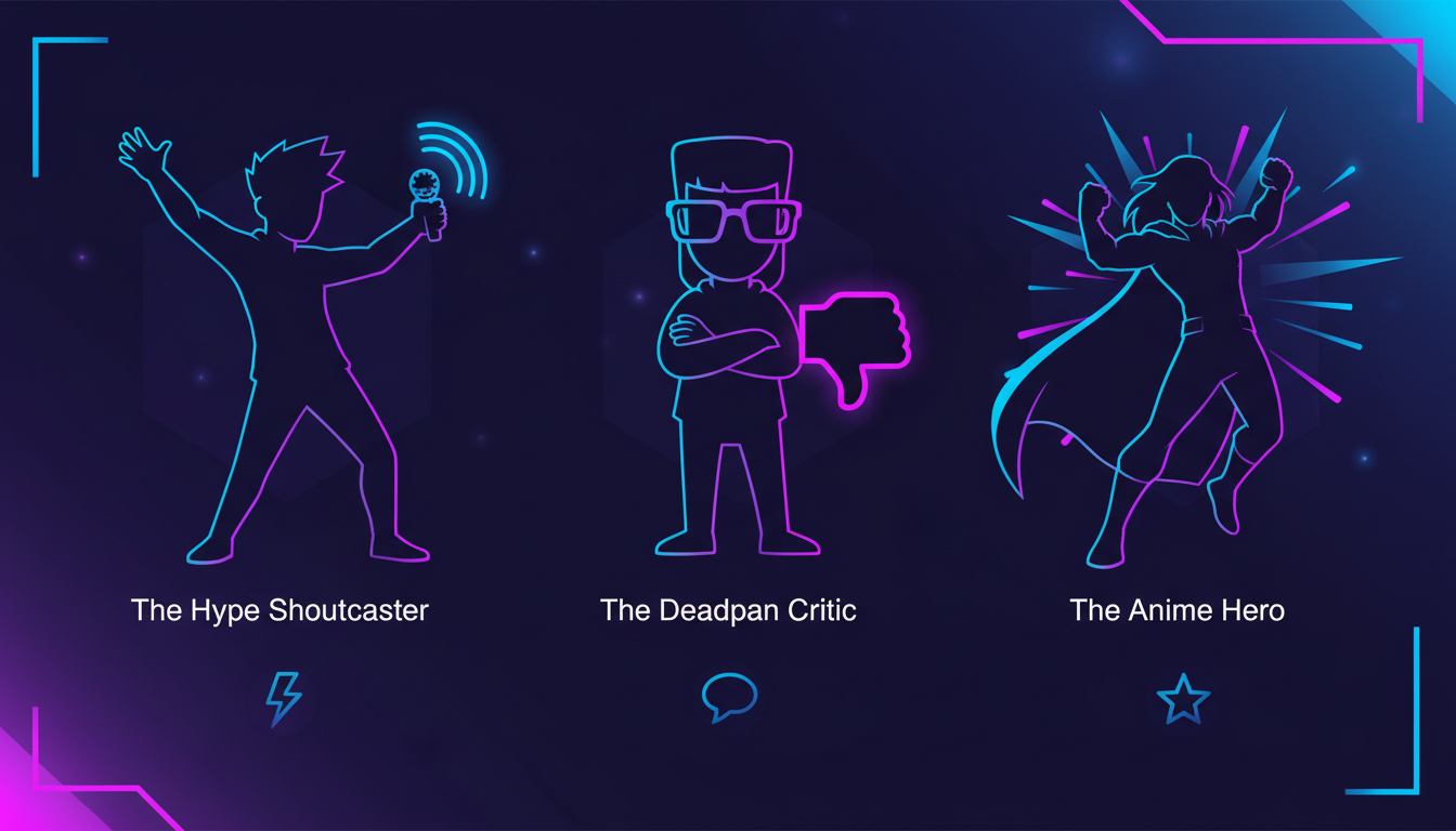An infographic showing three distinct voice archetypes for gaming highlights: Hype Shoutcaster, Deadpan Critic, and Anime Hero.
