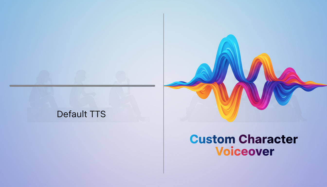A graphic comparing a flat gray soundwave of default text-to-speech with a dynamic, colorful soundwave of a custom character voiceover.
