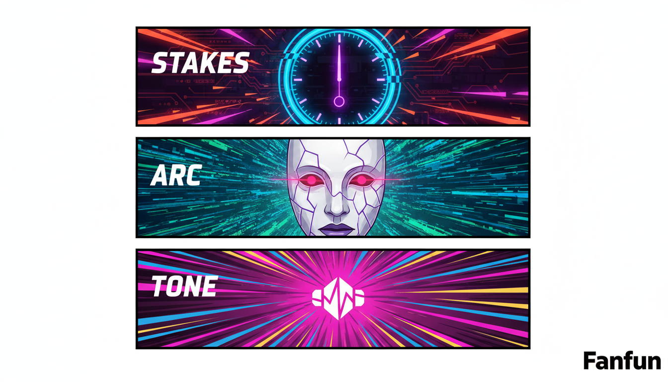 An infographic detailing the three-step prompting framework for anime AI chat, featuring panels for stakes, character arc, and narrative tone.