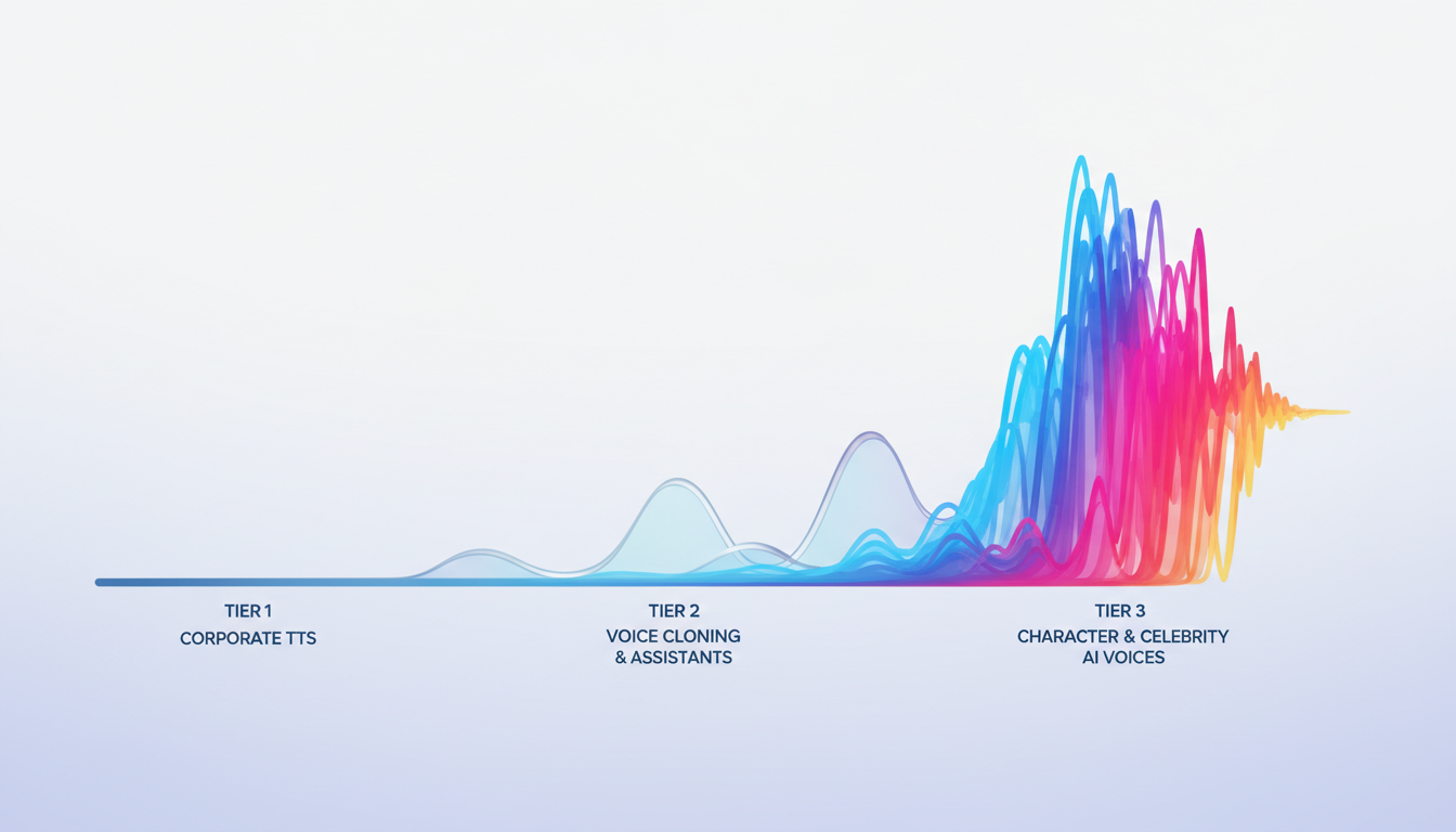 Infographic showing the three tiers of AI voiceover tools from corporate text-to-speech to character AI voices.