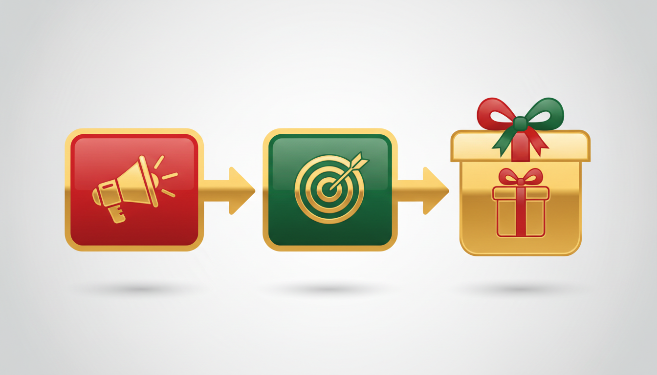 An infographic showing the three-part scripting blueprint for a holiday video greeting: Hook, Hyper-Specific Detail, and Holiday Twist.