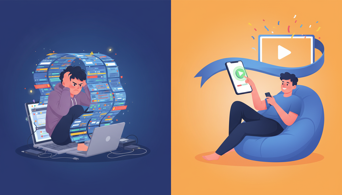 Illustration showing the contrast between stressful manual video editing and fast, instant video generation on a smartphone.
